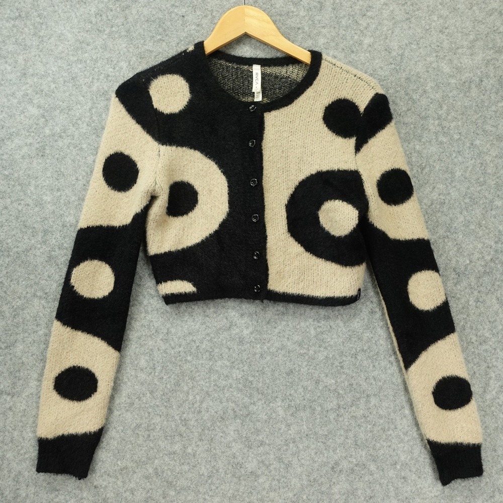 Yin Yang Fuzzy Knit Crop Cardigan Womens S Black Cream Cozy Indie Sleaze RVCA